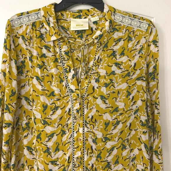 MAEVE By Anthropology Janie Hare Print Flouncy Ruffle Hem Crochet Trim Blouse 4 - Picture 4 of 16